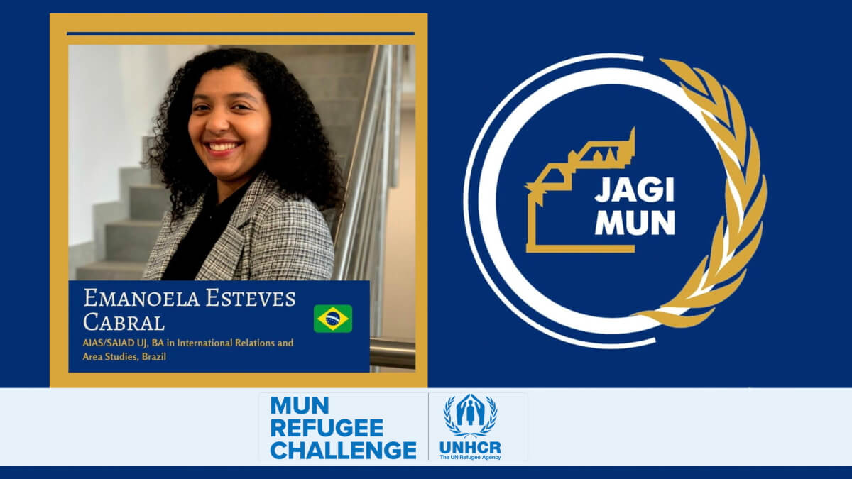 blue background, on the left the photo of Emanoela Esteves Cabral, IRAS student from Brasil, on the right side logo of Jagimun, underneeth MUN refugee challange